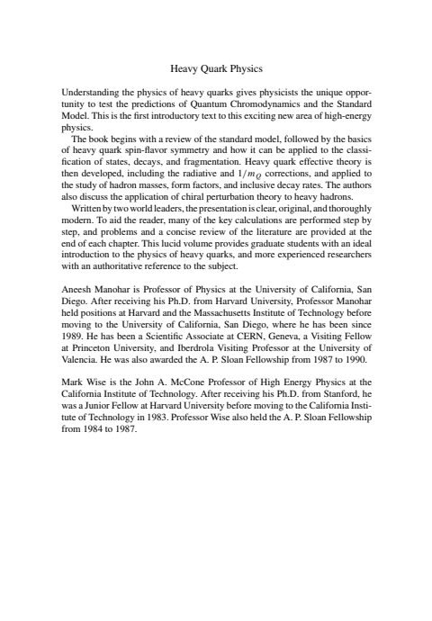 Cover of Heavy Quark Physics-Manohar,Wise