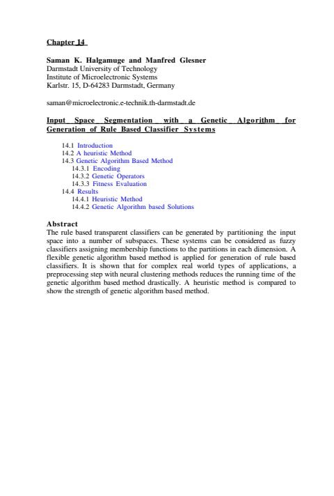 Cover of Chapter 14: Input Space Segmentation with a Genetic Algori thm for Generation of Rule Based Classifier Systems