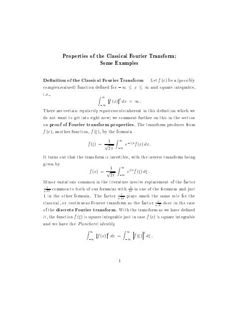 Cover of Properties Of The Classical Fourier Transform, Some Examp